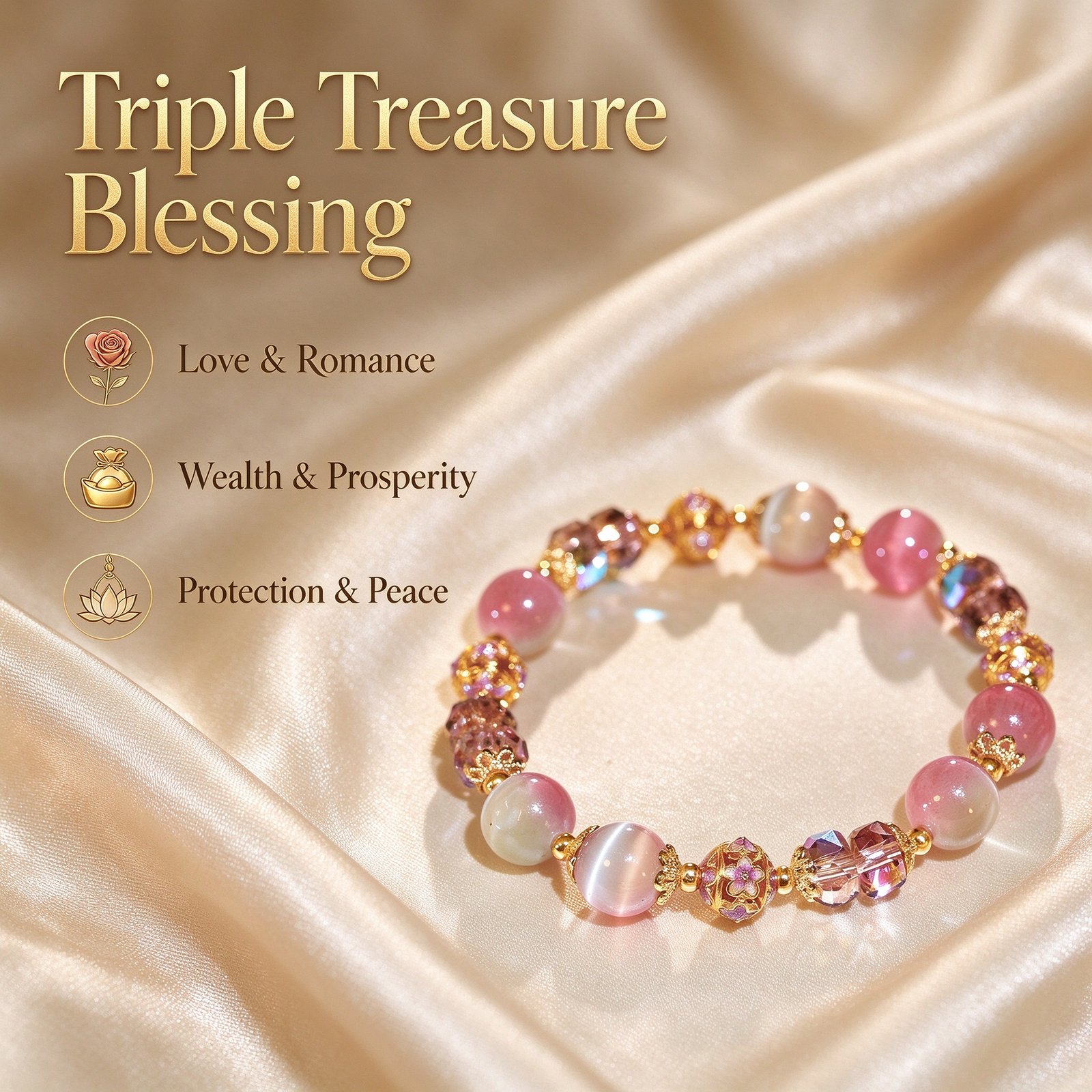 Triple treasure blessing feng shui multi-gem crystal bracelet for love romance wealth prosperity and protection