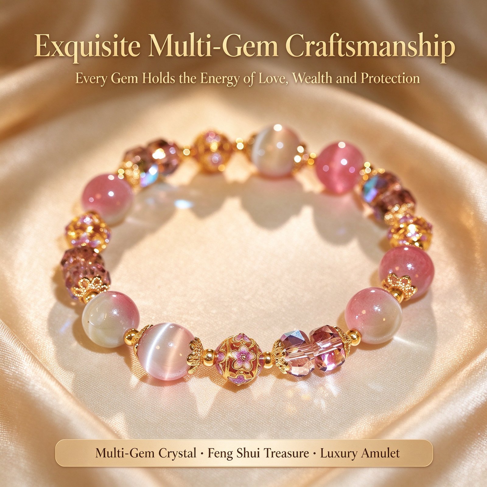 Exquisite multi-gem craftsmanship feng shui luxury pink crystal bracelet for love wealth and protection