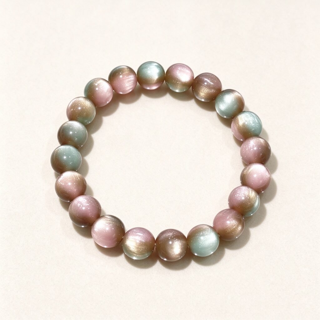 Multicolor cat's eye feng shui bracelet with rainbow crystal beads on cream white background