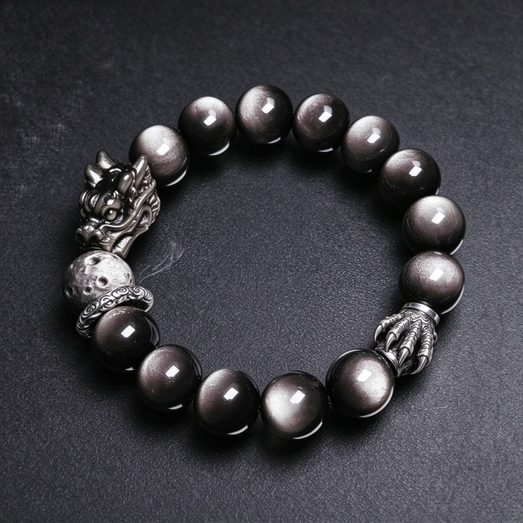 Men's black obsidian dragon feng shui bracelet with silver accessories on dark gray matte background