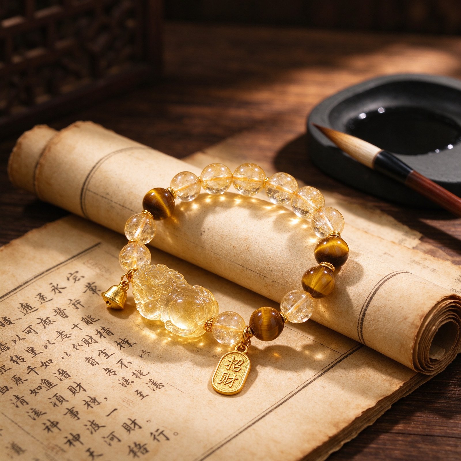 Chinese Feng Shui Citrine Bracelet for Wealth and Abundance on Ancient Scroll