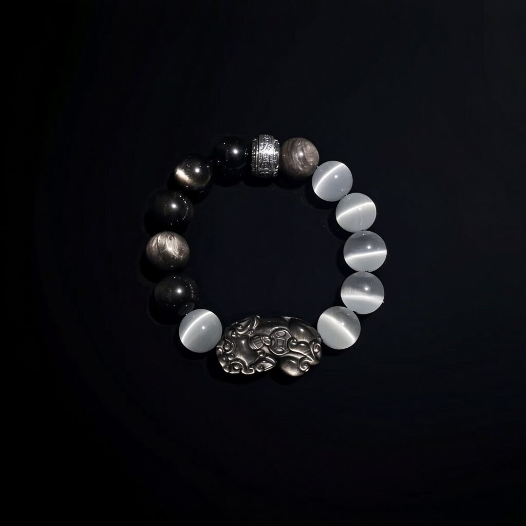Mens Black Obsidian Protection Bracelet - Cat Eye and Silver Feng Shui Charm for Wealth