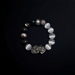 Mens Black Obsidian Protection Bracelet - Cat Eye and Silver Feng Shui Charm for Wealth