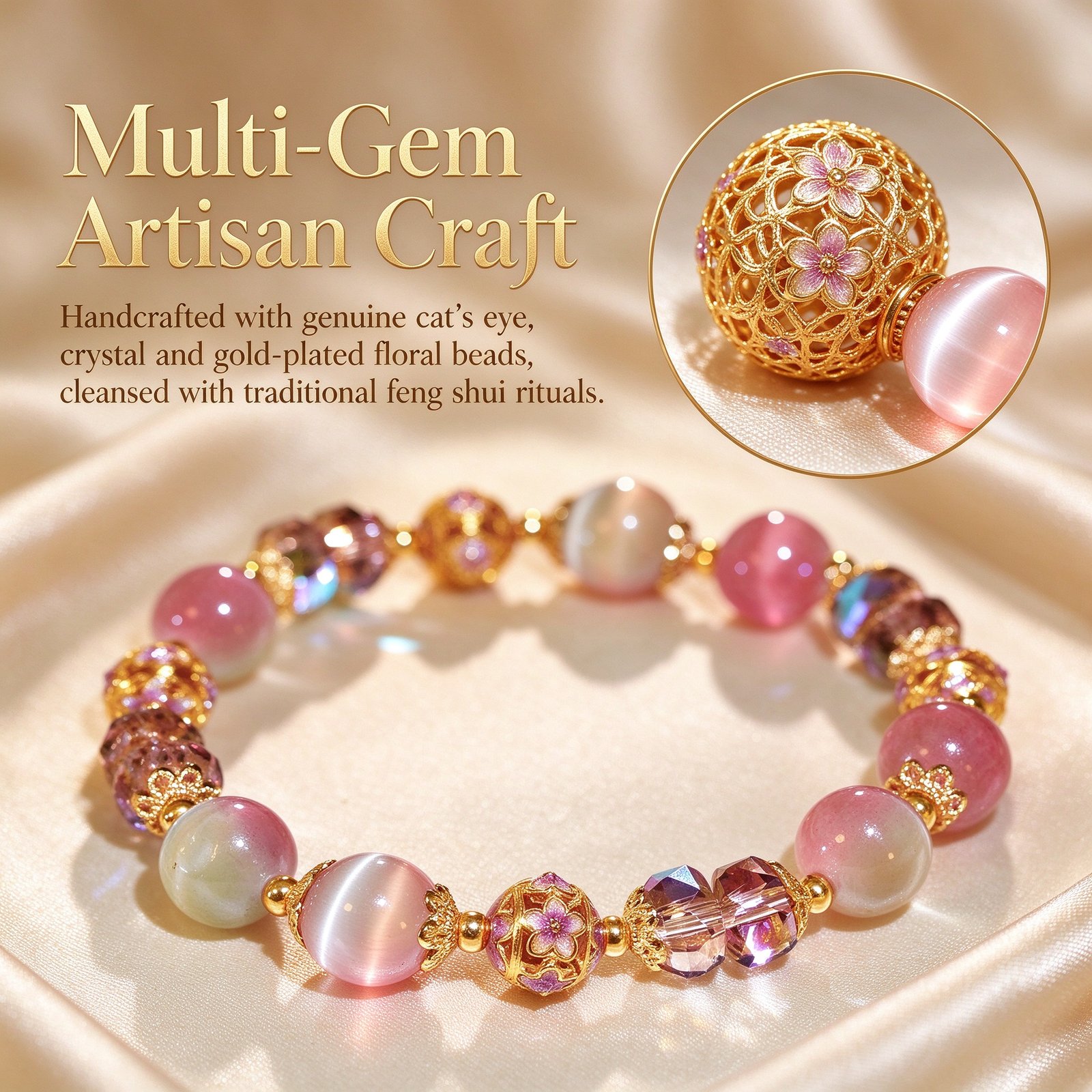 Multi-gem artisan craft feng shui bracelet handcrafted with genuine pink crystal and gold-plated floral beads
