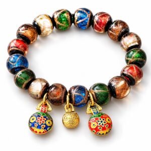 Incense ash glaze fortune bracelet with colorful multi-gem beads and three enamel wealth charms on white background