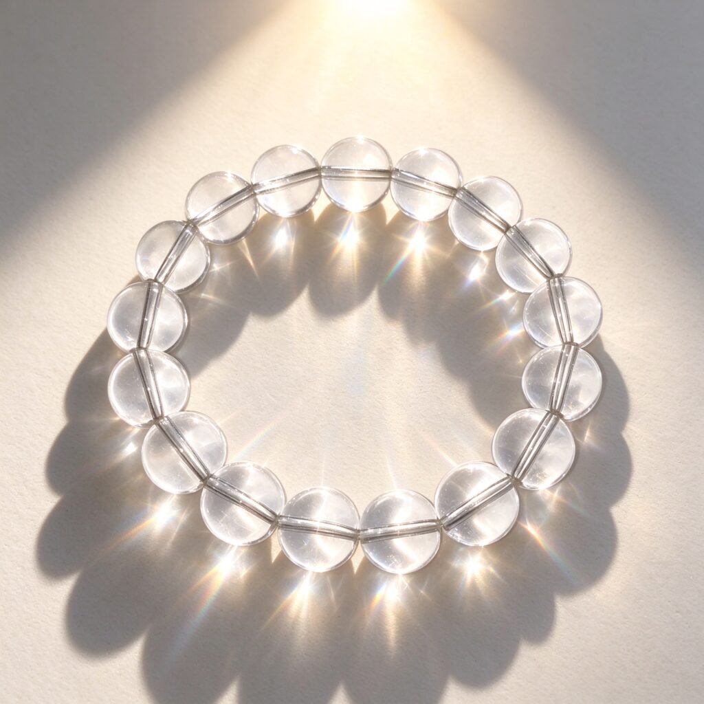 Clear quartz feng shui bracelet with genuine white crystal beads on light background with sunlight refraction