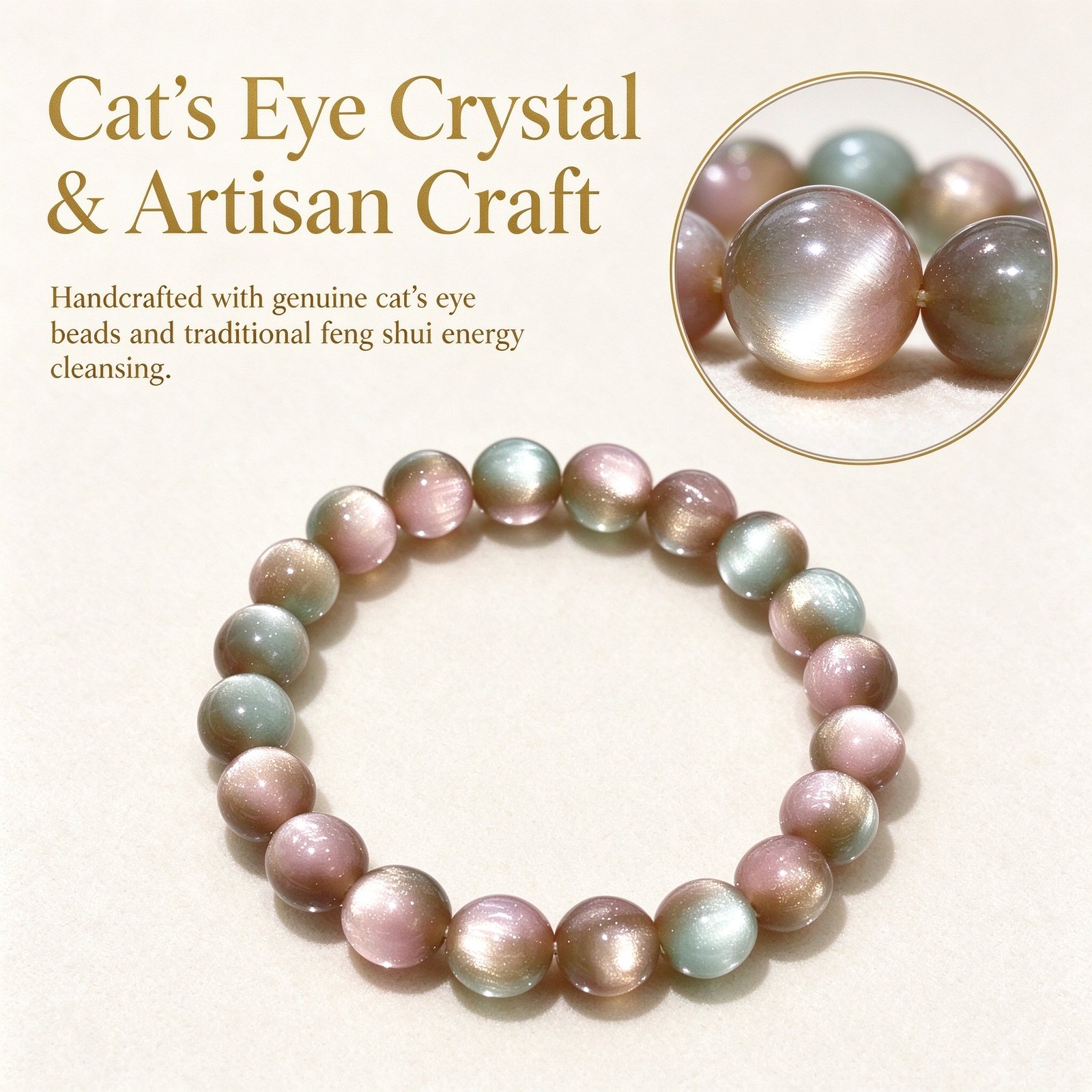 Artisan cat's eye crystal feng shui bracelet handcrafted with genuine multicolor cat's eye beads