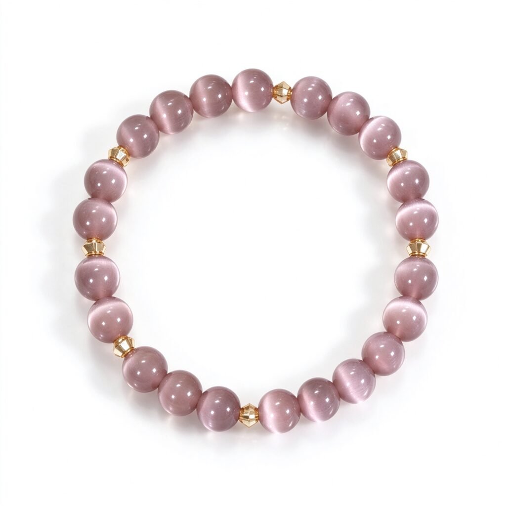 Ice Berry purple cat's eye feng shui bracelet with gold accents on cream background