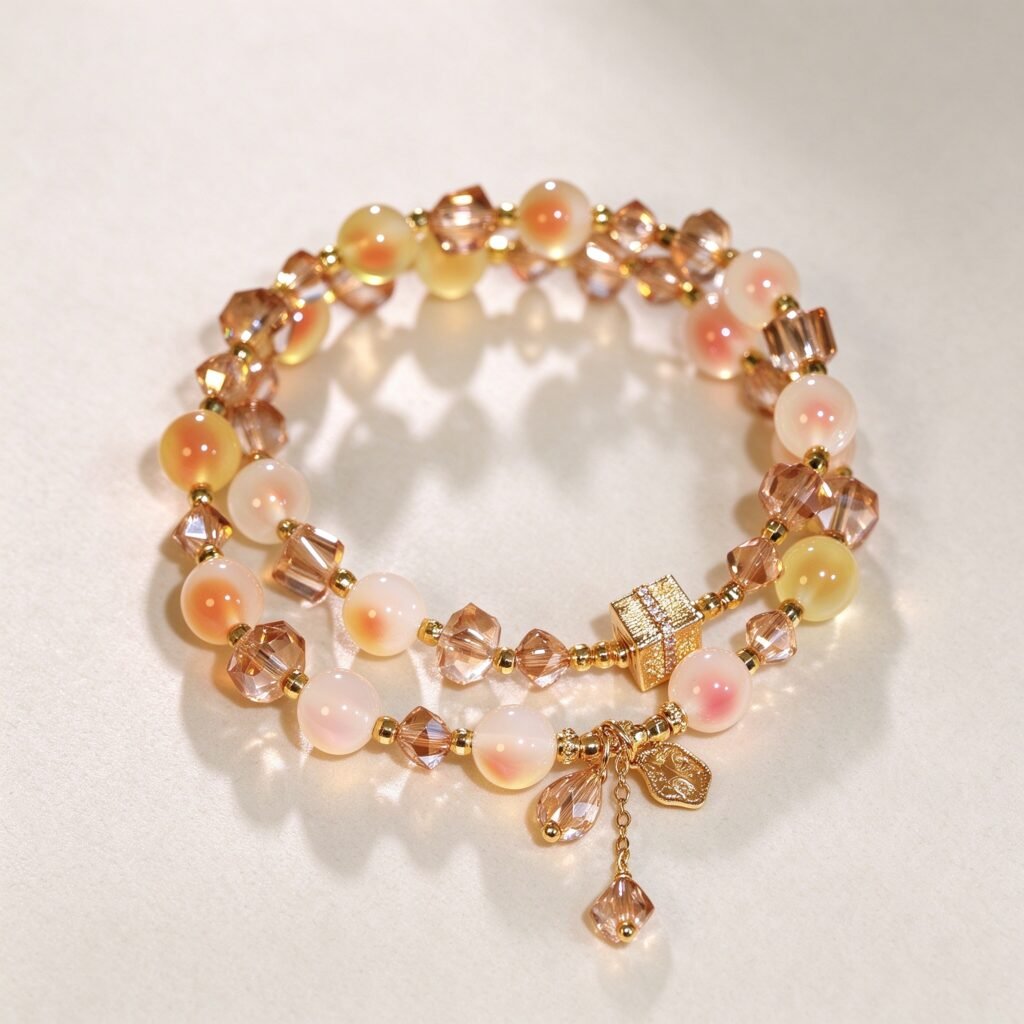 Pink crystal double wrap feng shui bracelet with faceted crystals and gradient agate beads on cream background