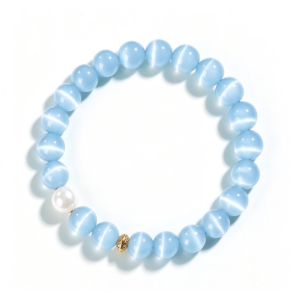 Spirit Moon lake blue crystal feng shui bracelet with freshwater pearl and gold accent on white background