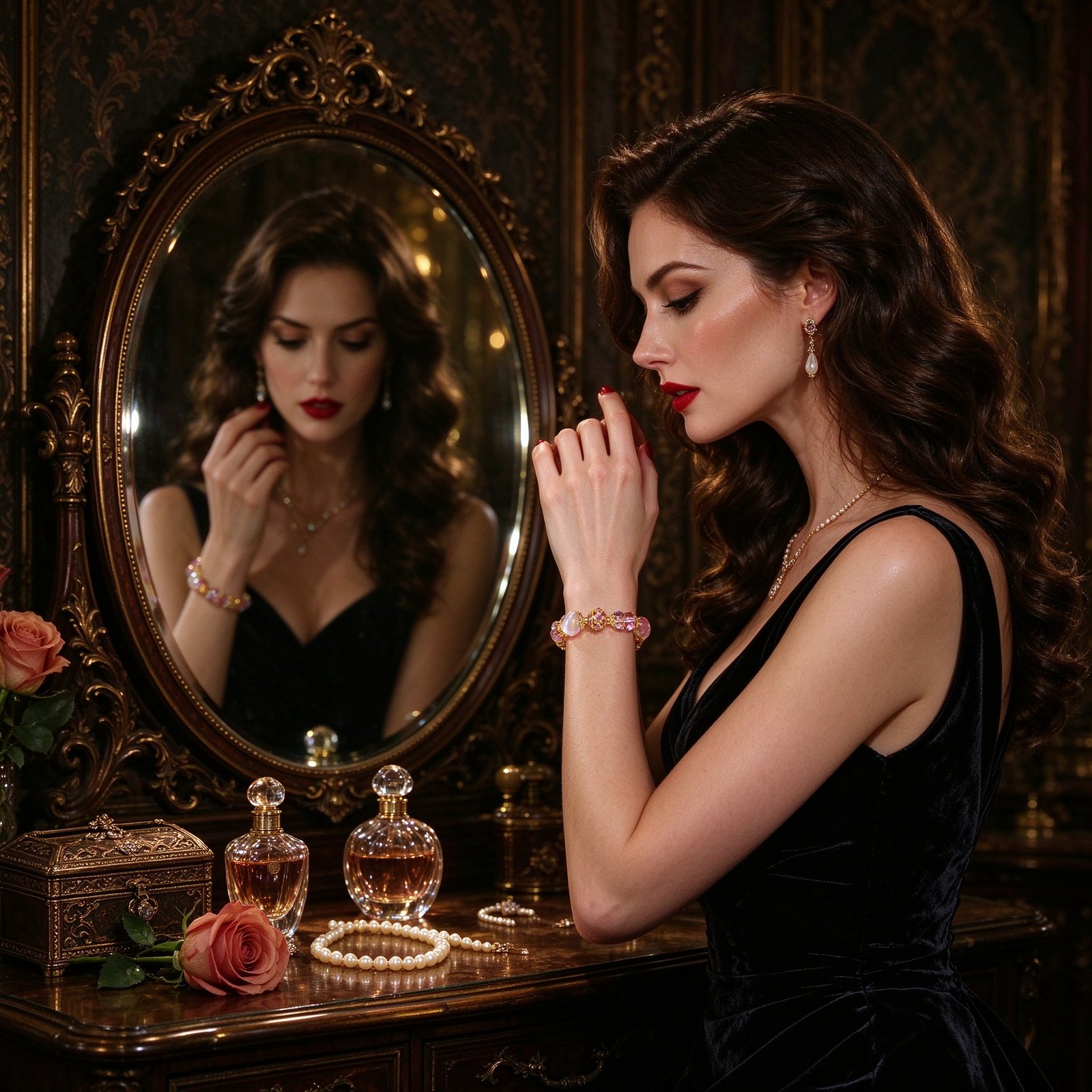 Woman wearing luxury multi-gem feng shui crystal bracelet at vintage vanity table, elegant jewelry photography