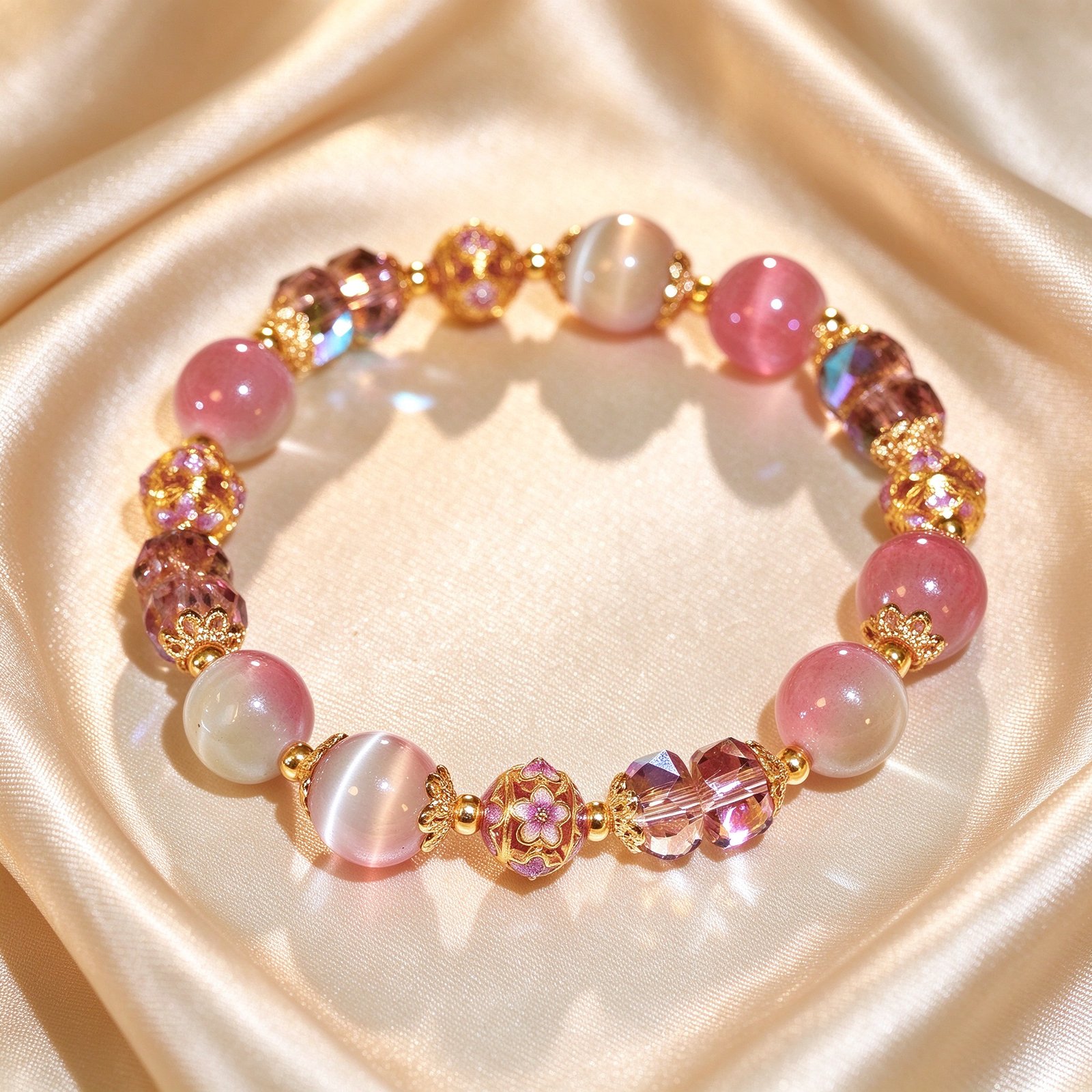Luxury pink multi-gem feng shui bracelet with crystal and gold floral beads on champagne silk background
