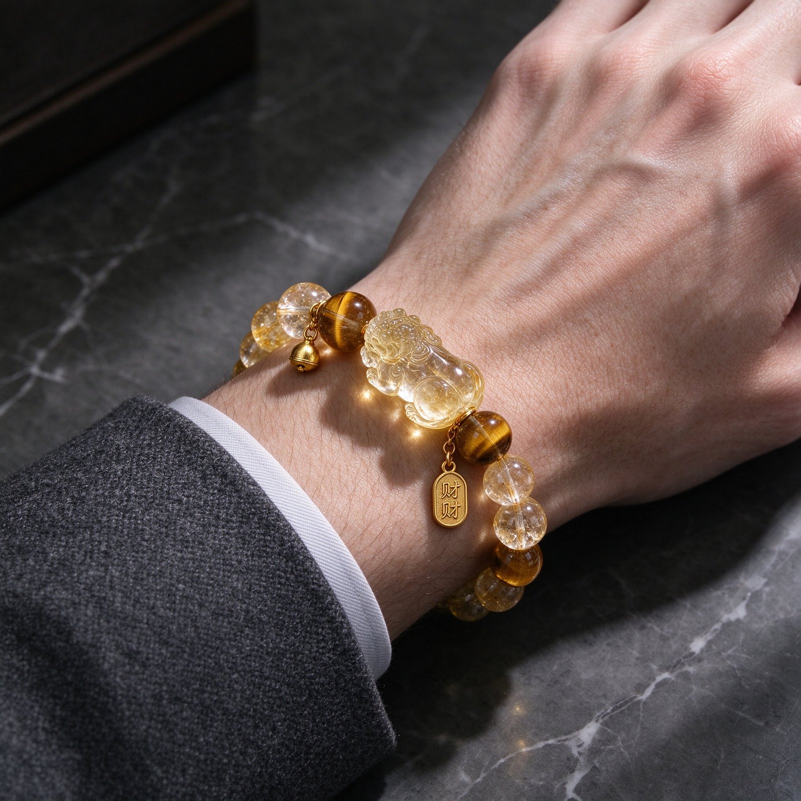 Man Wearing Citrine Feng Shui Bracelet for Wealth Protection and Success