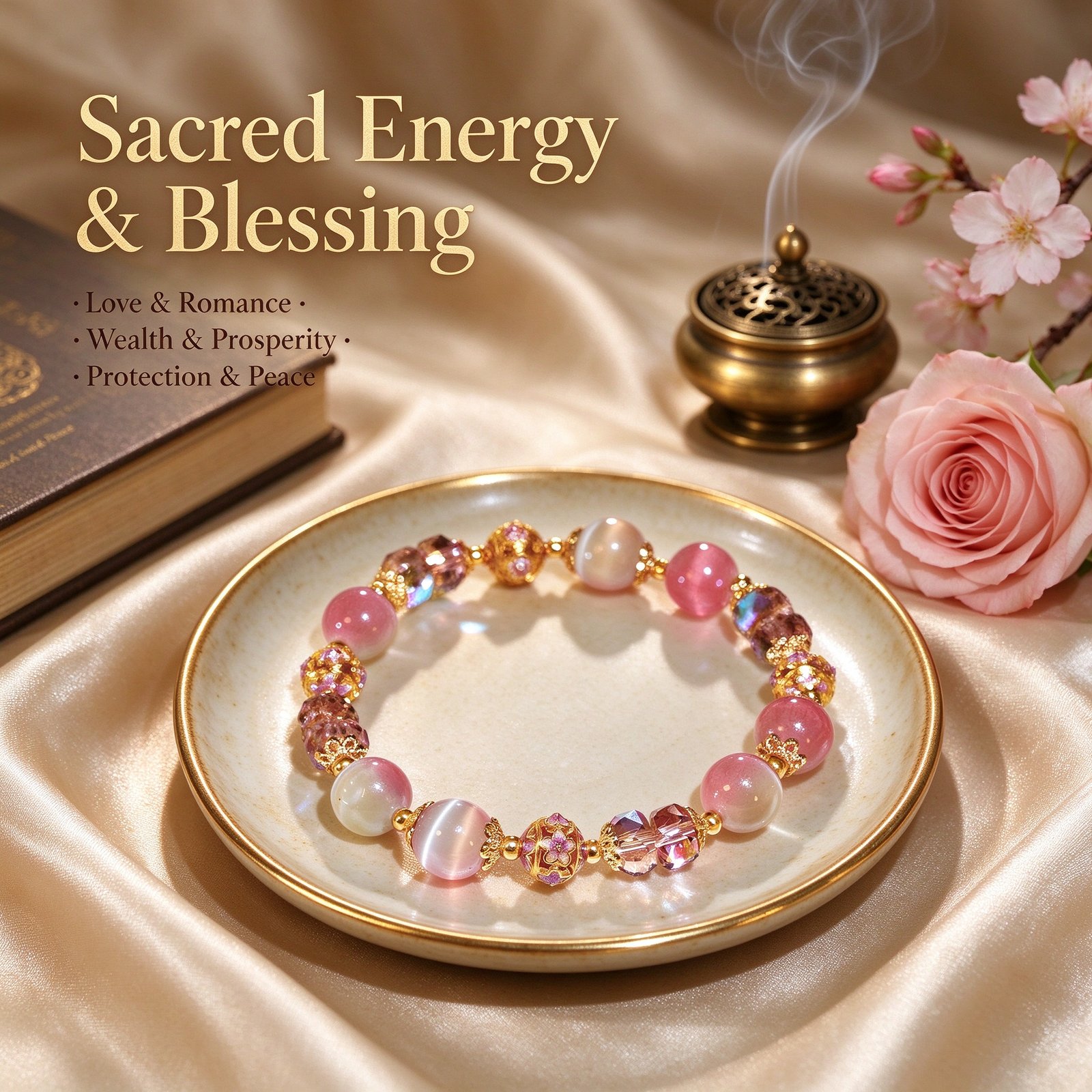 Luxury Pink Multi-Gem Feng Shui Bracelet - Crystal & Gold Floral Bead Bracelet for Love, Wealth and Protection - Image 7