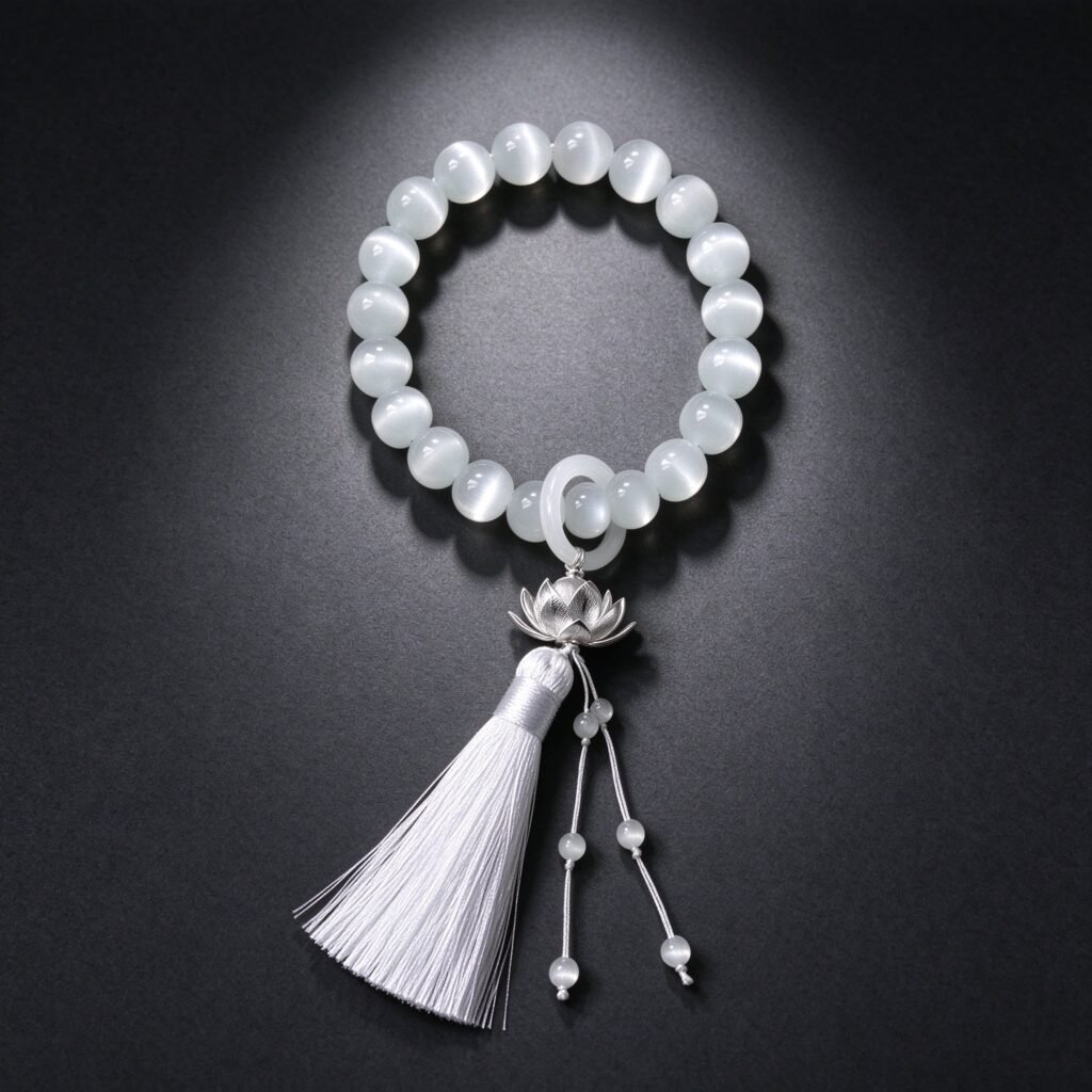 White cat's eye feng shui mala bracelet with silver lotus charm and white tassel on dark gray background
