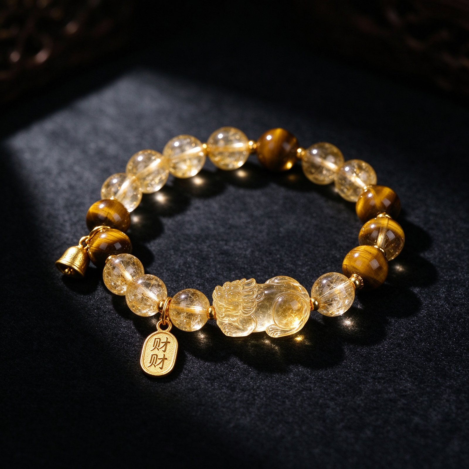 Golden Citrine and Tiger Eye Feng Shui Bracelet with Wealth Pixiu Charm