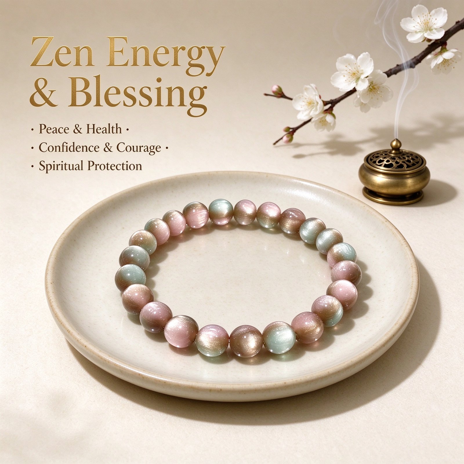 Zen energy feng shui cat's eye crystal bracelet displayed with incense burner and plum blossom