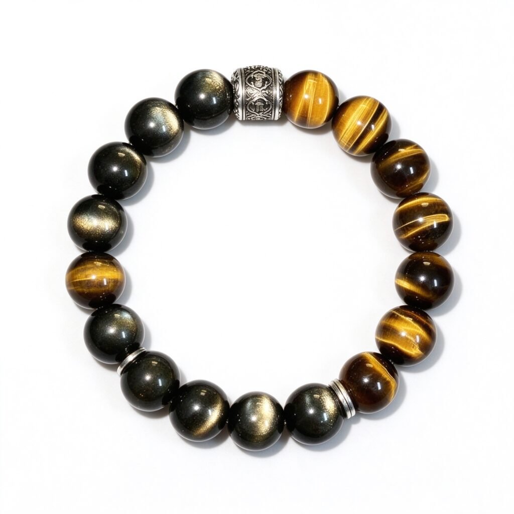 Tiger eye feng shui bracelet for men with gold sheen obsidian and silver accents on white background