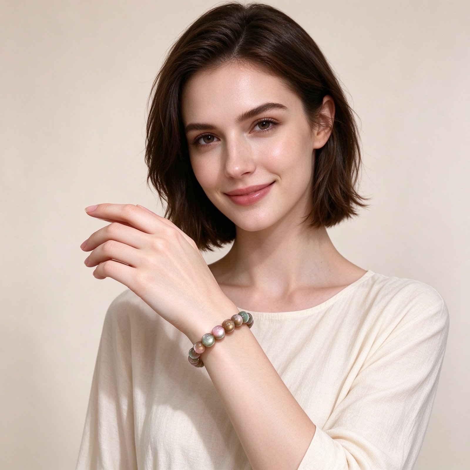 Woman wearing multicolor cat's eye feng shui bracelet on wrist, elegant jewelry photography